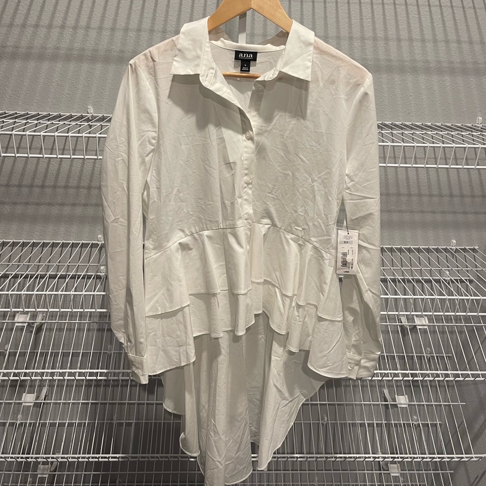 a.n.a. Hi-low ruffled white button down blouse